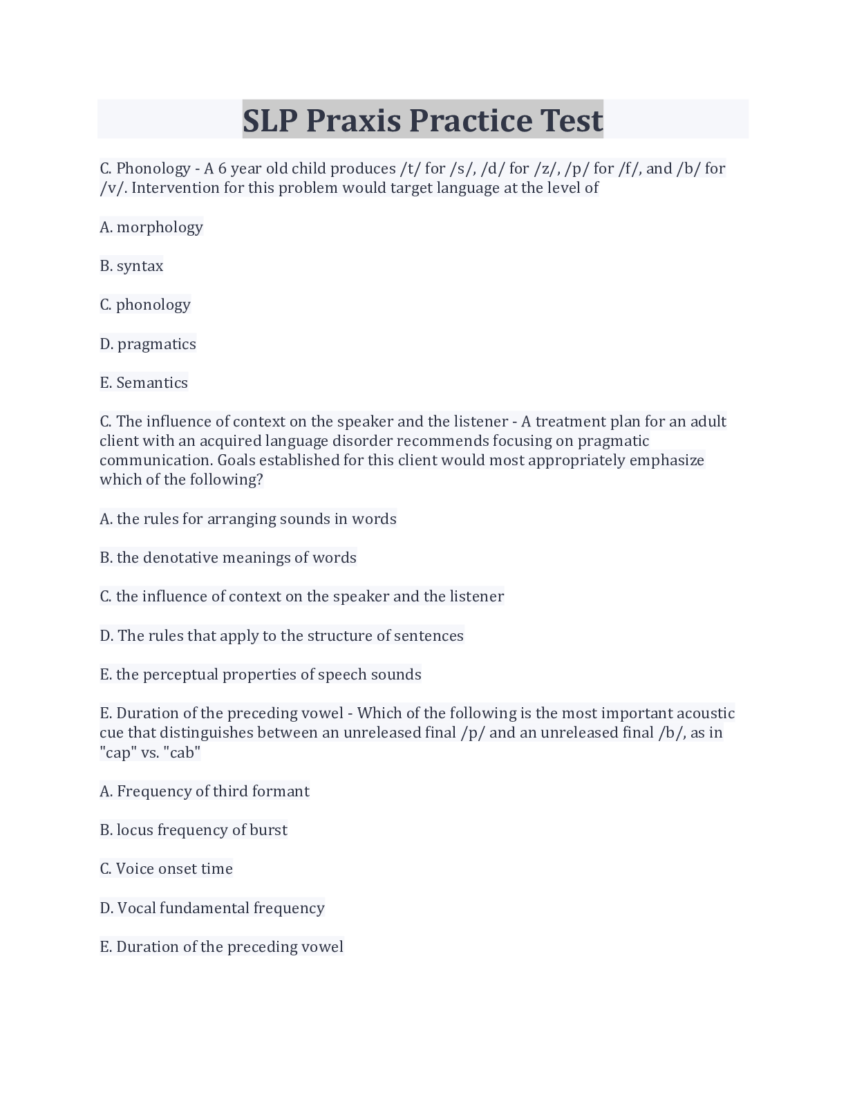 Preview image for 100% Correct SLP Praxis Practice Test